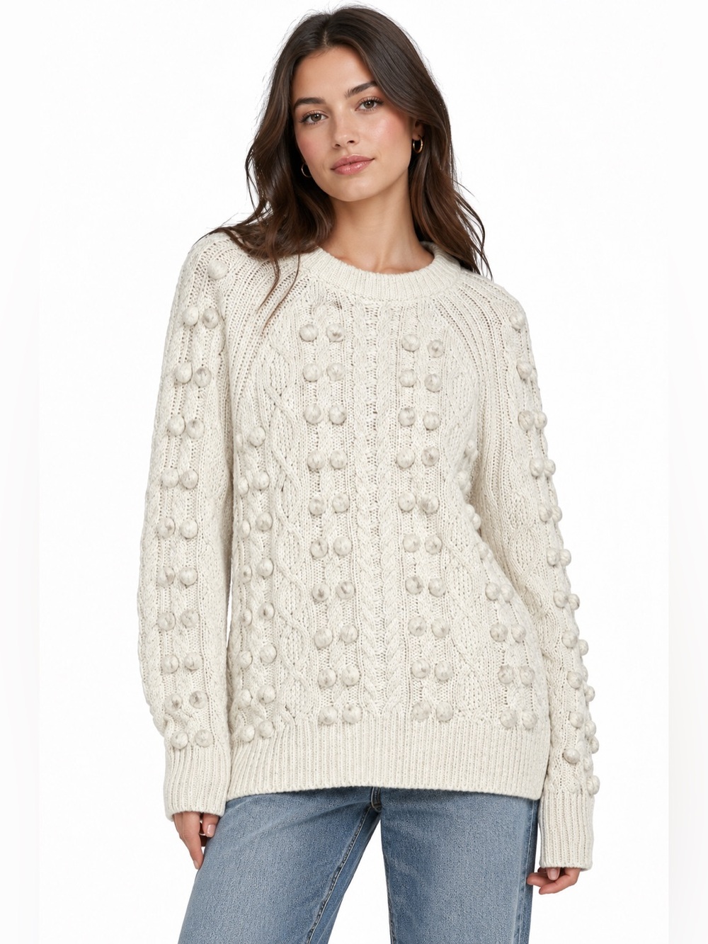 Michael Kors Fishermancore Cable Knit Sweater Pom Pom Quiet Luxury Chunky Cozy